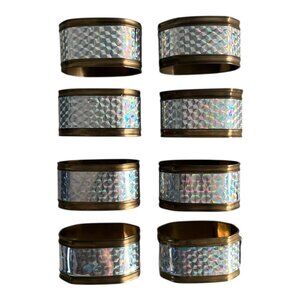 Vintage 1970s Brass Napkin Rings Iridescent Holographic Geometric Set of 8